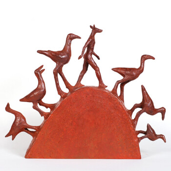 'Bird Walk' - bronze with iron red patina - 30 x 35 x 6 cms